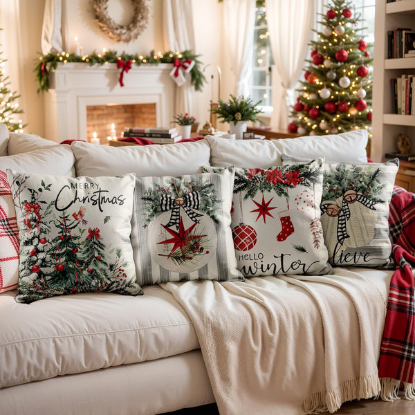 Christmas Throw Pillow Covers 18x18 Set of 4,Linen Pillow Cases Vintage Country Tree Green Striped