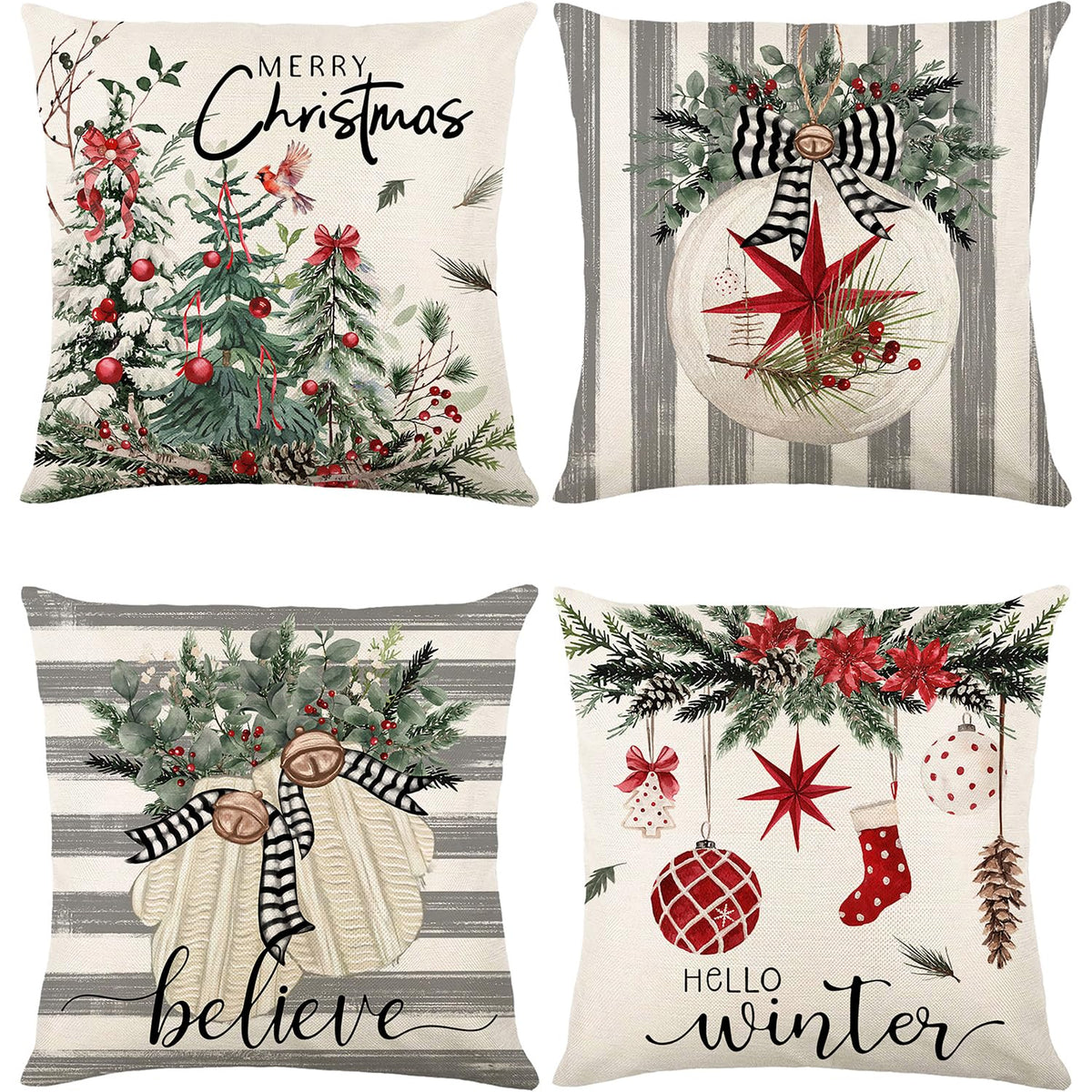 Christmas Throw Pillow Covers 18x18 Set of 4,Linen Pillow Cases Vintage Country Tree Green Striped