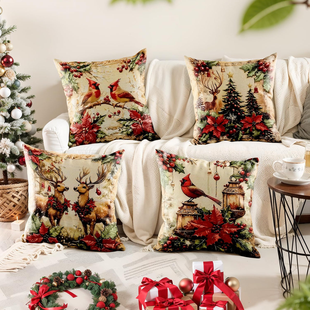 Christmas Throw Pillow Covers 18x18 Set of 4,Vintage American Linen Pillow Cases Cardinal Birds Tree