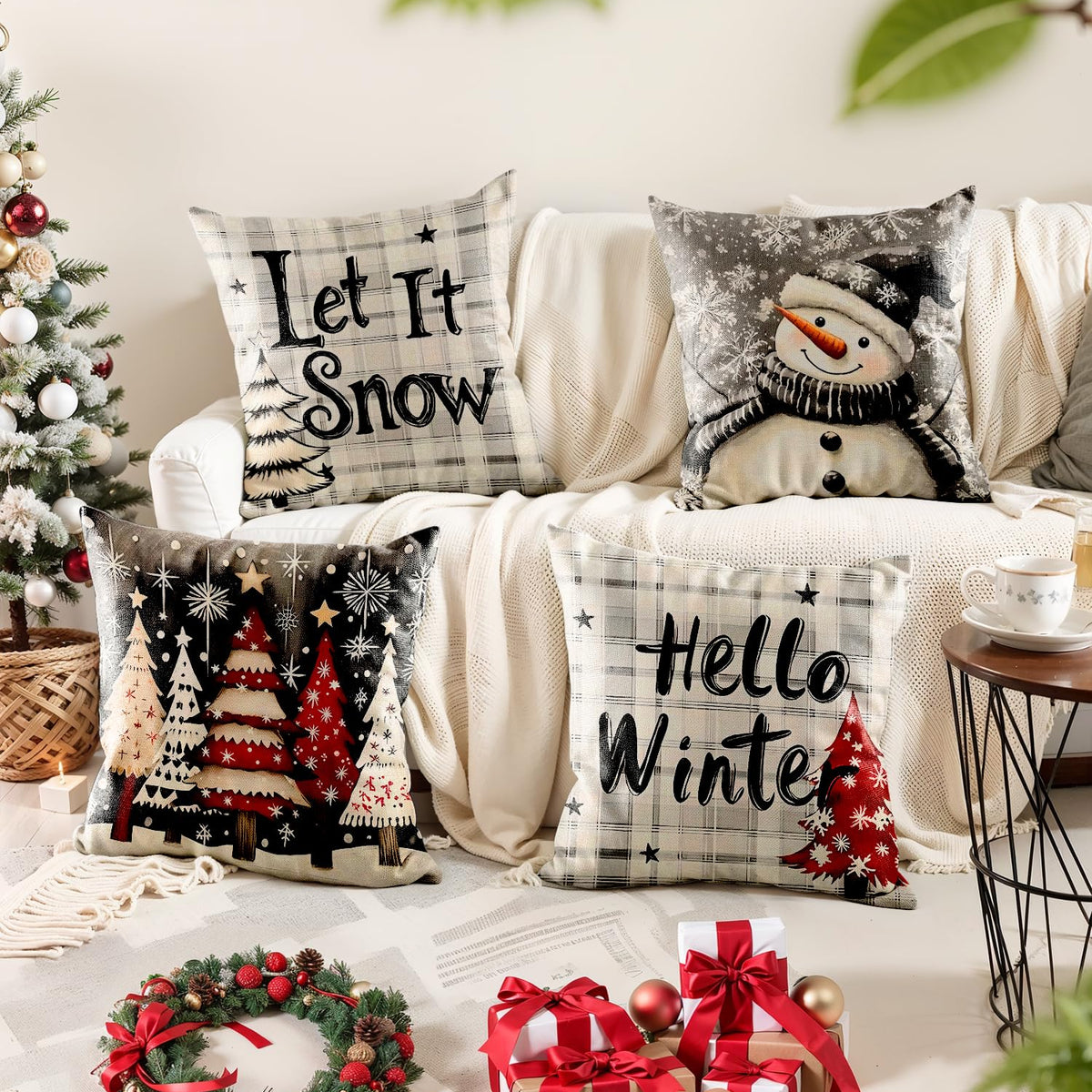 Christmas Throw Pillow Covers 18x18 Set of 4,Linen Pillow Cases Vintage Nordic Snowman Tree Plaid Gray White