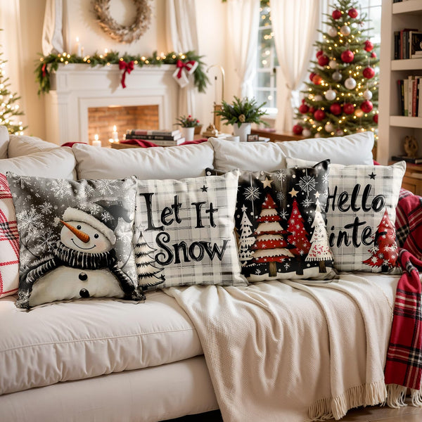 Christmas Throw Pillow Covers 18x18 Set of 4,Linen Pillow Cases Vintage Nordic Snowman Tree Plaid Gray White