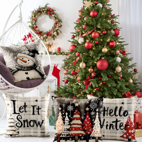 Christmas Throw Pillow Covers 18x18 Set of 4,Linen Pillow Cases Vintage Nordic Snowman Tree Plaid Gray White