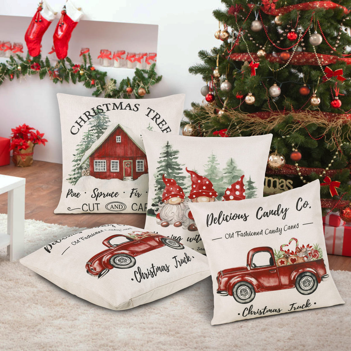 Christmas Throw Pillow Covers 18x18 Set of 4, Merry Christmas Tree Gnome Red Truck Candy Cane