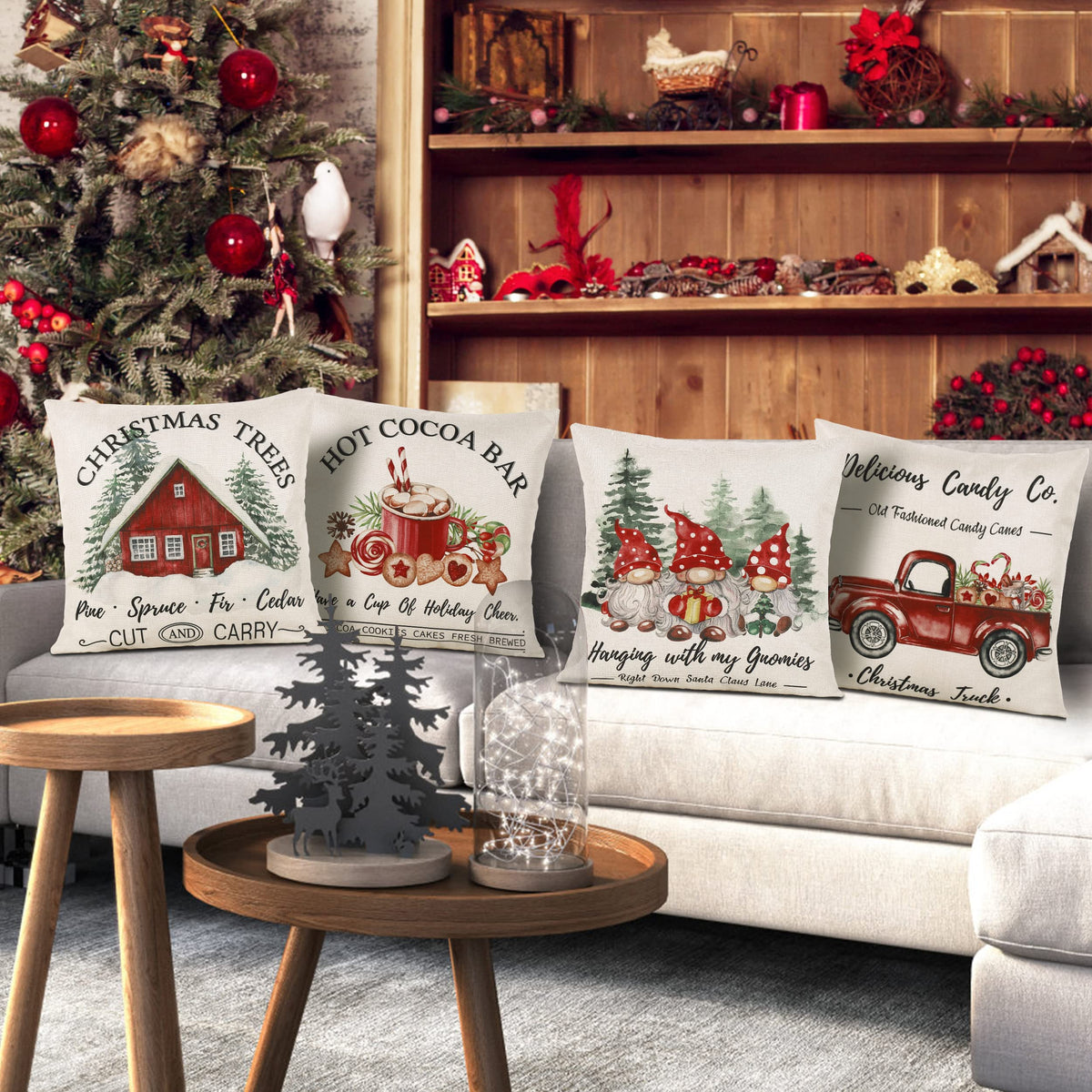 Christmas Throw Pillow Covers 18x18 Set of 4, Merry Christmas Tree Gnome Red Truck Candy Cane