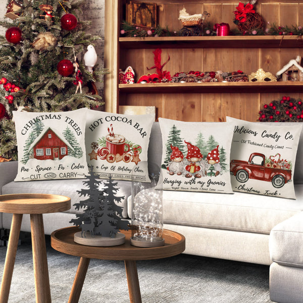 Christmas Throw Pillow Covers 18x18 Set of 4, Merry Christmas Tree Gnome Red Truck Candy Cane