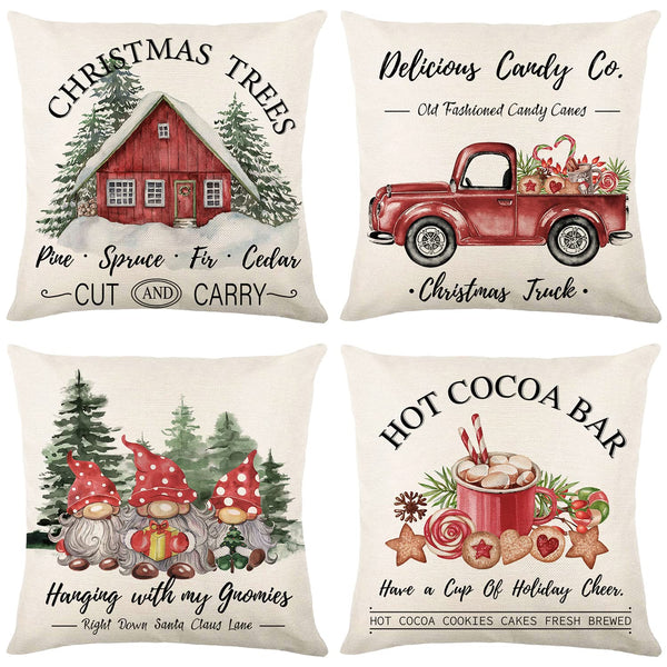 Christmas Throw Pillow Covers 18x18 Set of 4, Merry Christmas Tree Gnome Red Truck Candy Cane