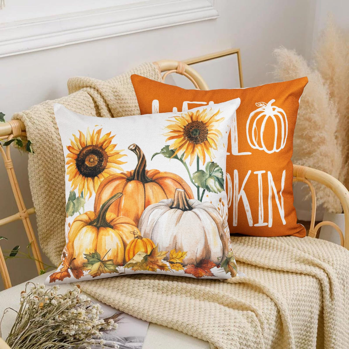 Happy Fall Hello Pumpkin Decorative Throw Pillow Covers 18x18 Inch Set of 4
