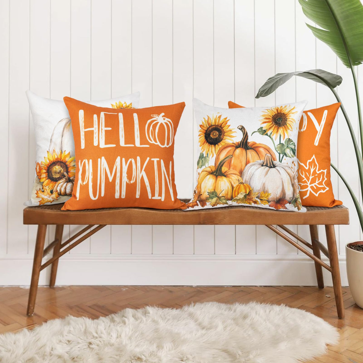 Happy Fall Hello Pumpkin Decorative Throw Pillow Covers 18x18 Inch Set of 4