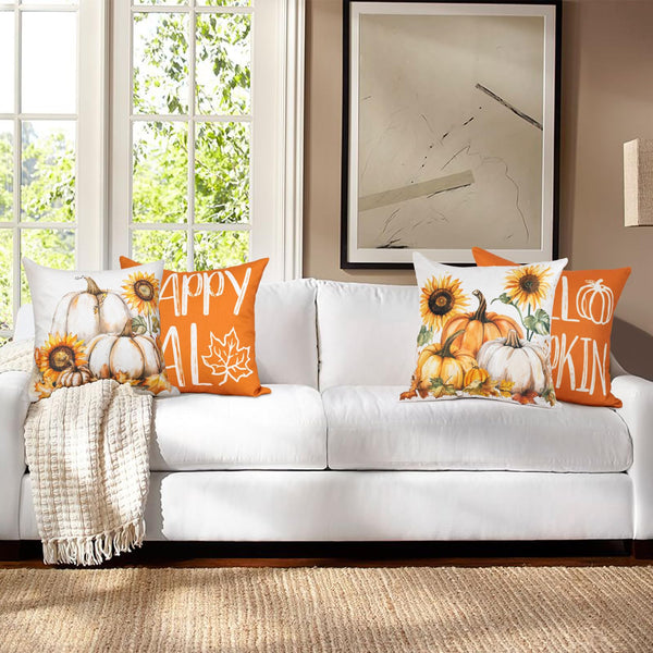 Happy Fall Hello Pumpkin Decorative Throw Pillow Covers 18x18 Inch Set of 4