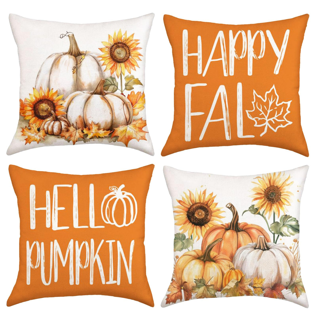 Happy Fall Hello Pumpkin Decorative Throw Pillow Covers 18x18 Inch Set of 4