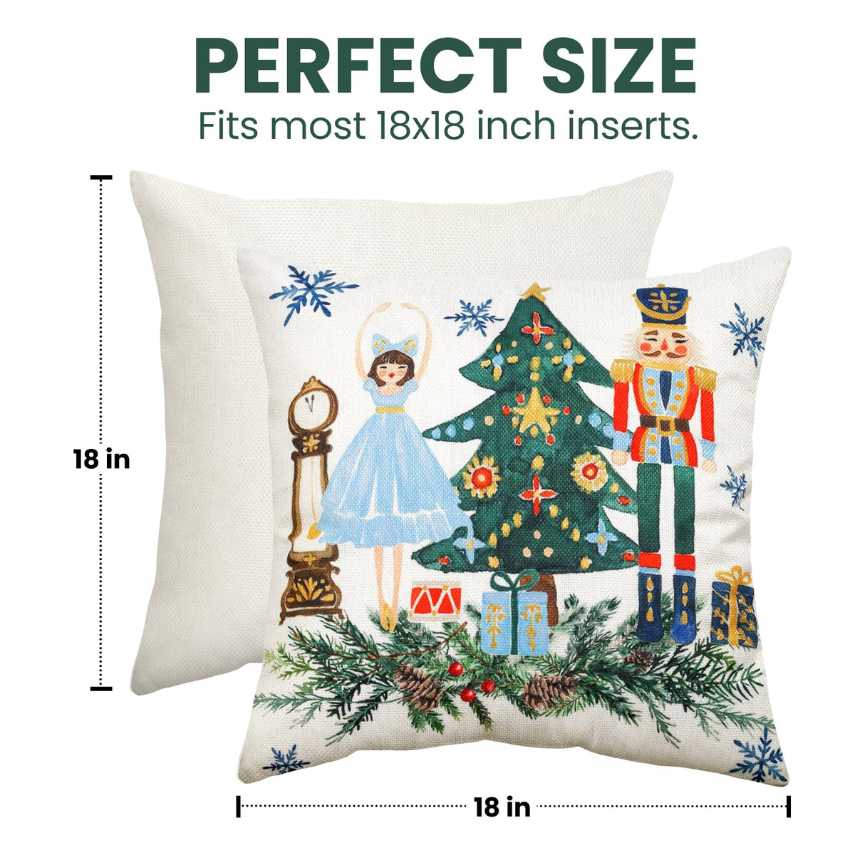 Christmas Throw Pillow Covers 18x18 Set of 4,Merry Christmas Tree Vintage Car Nutcracker Bauble Wreath