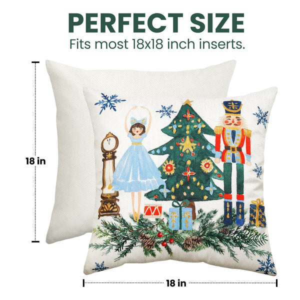 Christmas Throw Pillow Covers 18x18 Set of 4,Merry Christmas Tree Vintage Car Nutcracker Bauble Wreath