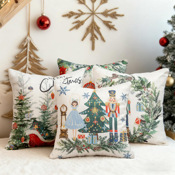 Christmas Throw Pillow Covers 18x18 Set of 4,Merry Christmas Tree Vintage Car Nutcracker Bauble Wreath