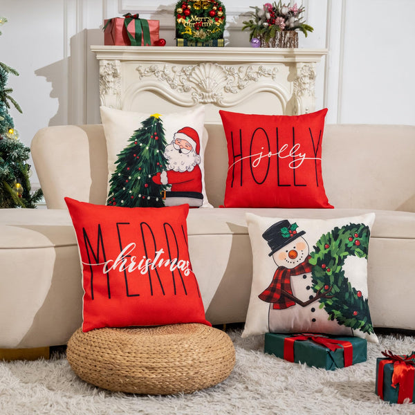 Christmas Throw Pillow Covers 18x18 in Set of 4 Decorations,Decorative Snowman Santa Pillow Case