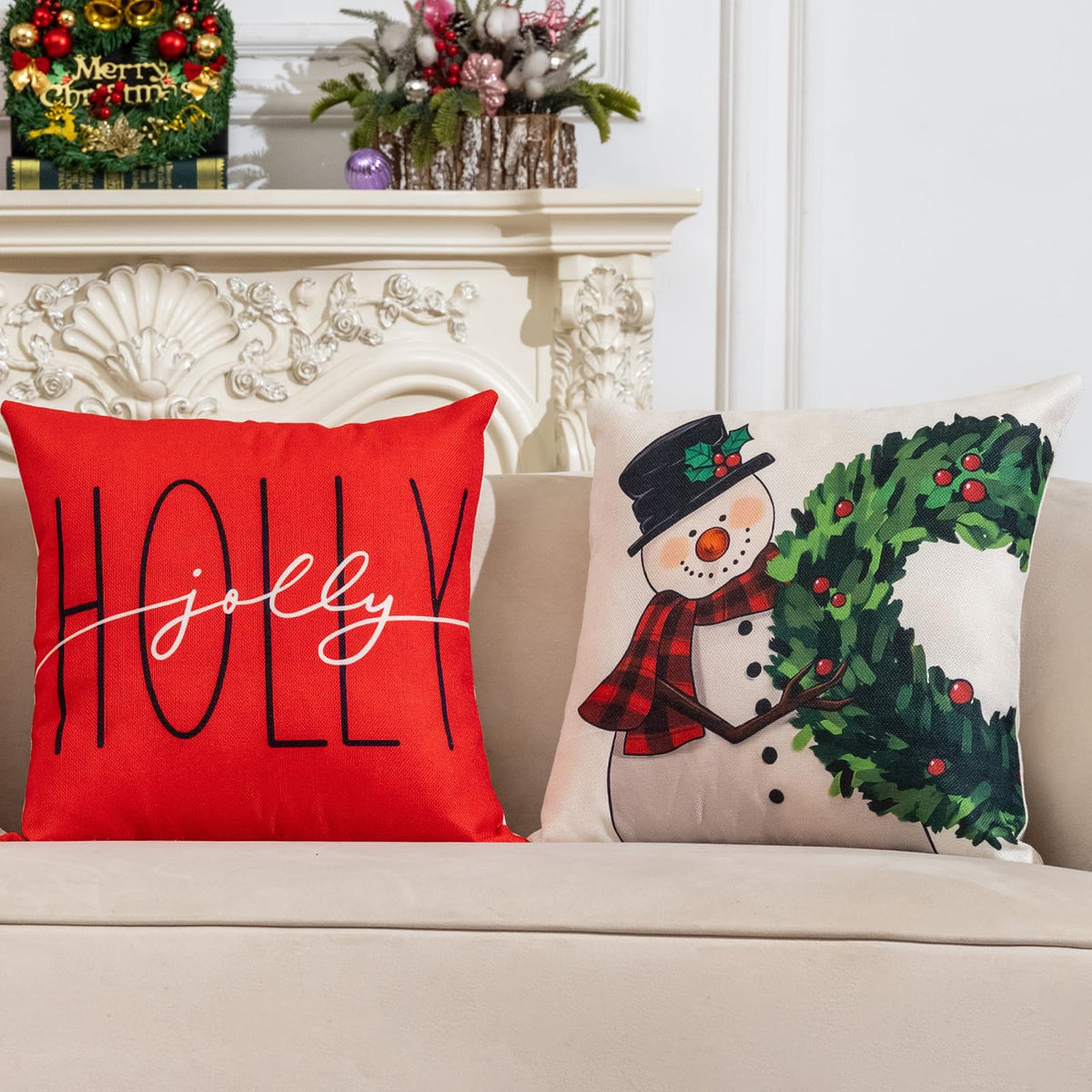 Christmas Throw Pillow Covers 18x18 in Set of 4 Decorations,Decorative Snowman Santa Pillow Case