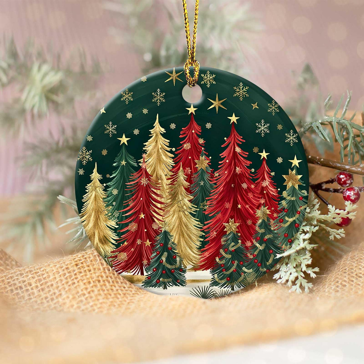Christmas Tree Forest Ornament Round Ceramic Ornament Star Snowflake Xmas Keepsake for Christmas Tree