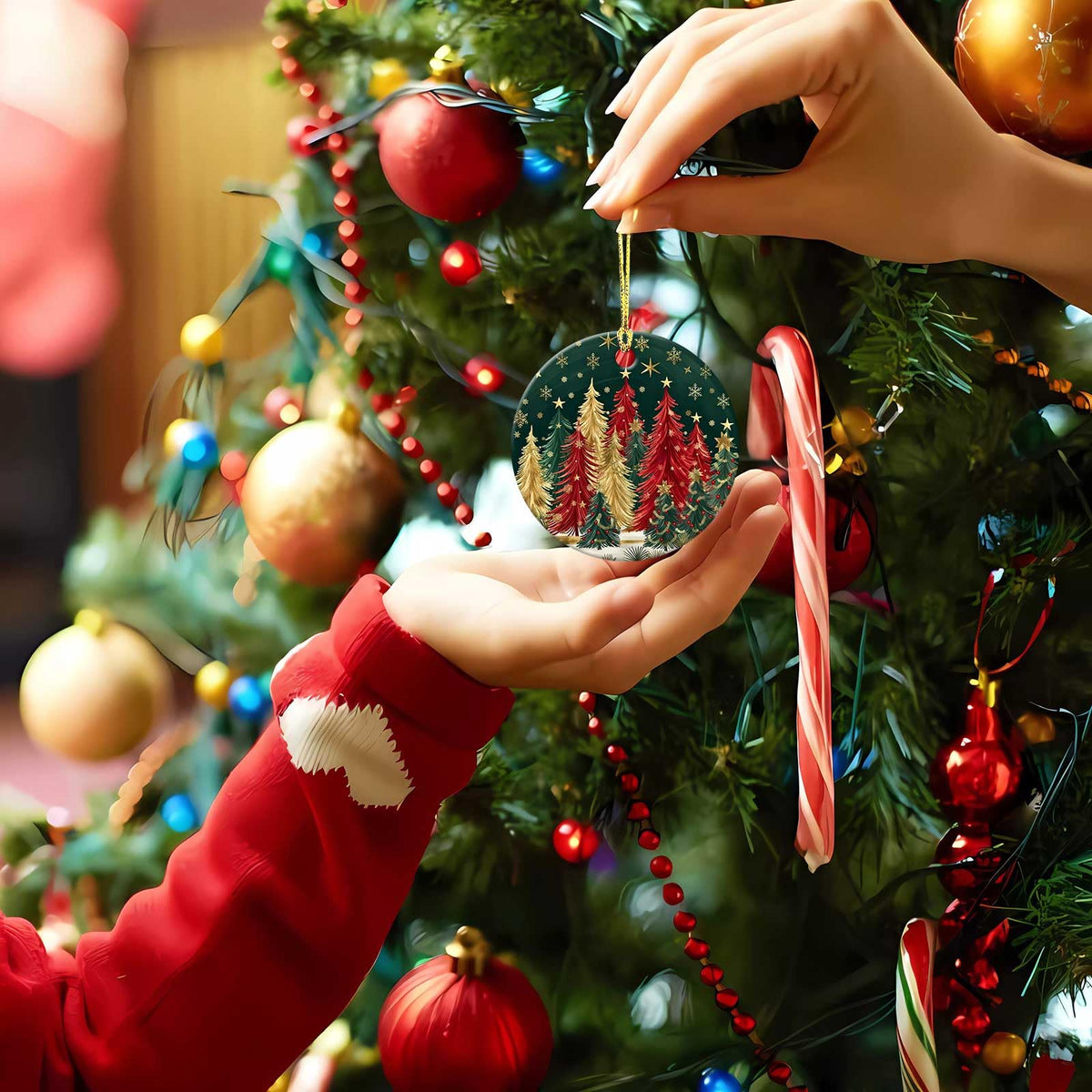 Christmas Tree Forest Ornament Round Ceramic Ornament Star Snowflake Xmas Keepsake for Christmas Tree