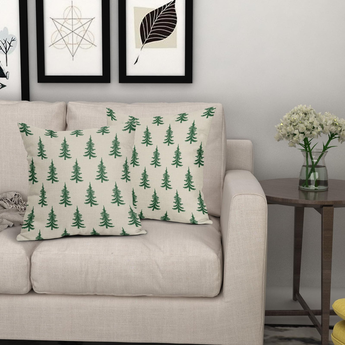 Christmas Tree Pillow Covers 18x18 Set of 2 Green Xmas Rustic Style Winter Print Decorative Outdoor Pillowcases