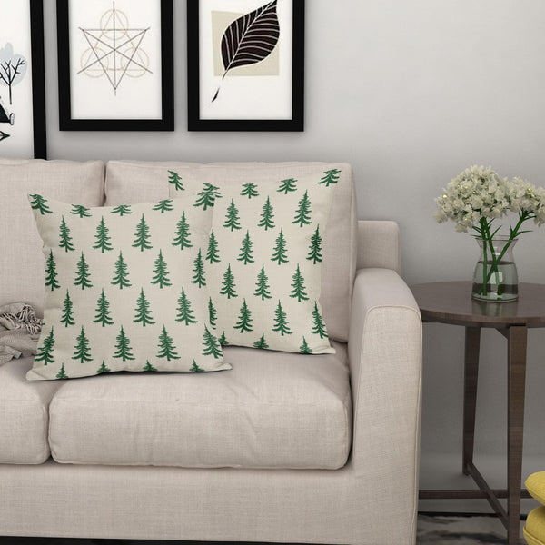 Christmas Tree Pillow Covers 18x18 Set of 2 Green Xmas Rustic Style Winter Print Decorative Outdoor Pillowcases