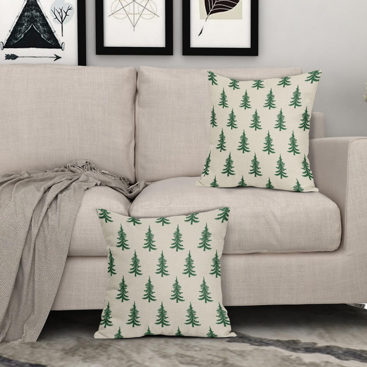Christmas Tree Pillow Covers 18x18 Set of 2 Green Xmas Rustic Style Winter Print Decorative Outdoor Pillowcases