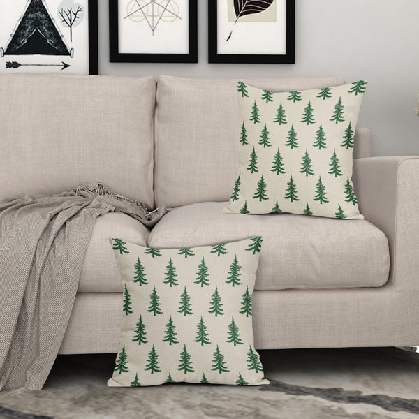 Christmas Tree Pillow Covers 18x18 Set of 2 Green Xmas Rustic Style Winter Print Decorative Outdoor Pillowcases