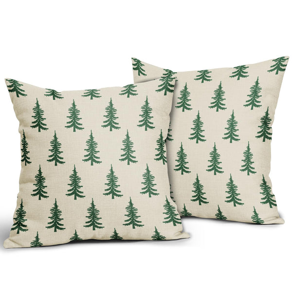 Christmas Tree Pillow Covers 18x18 Set of 2 Green Xmas Rustic Style Winter Print Decorative Outdoor Pillowcases