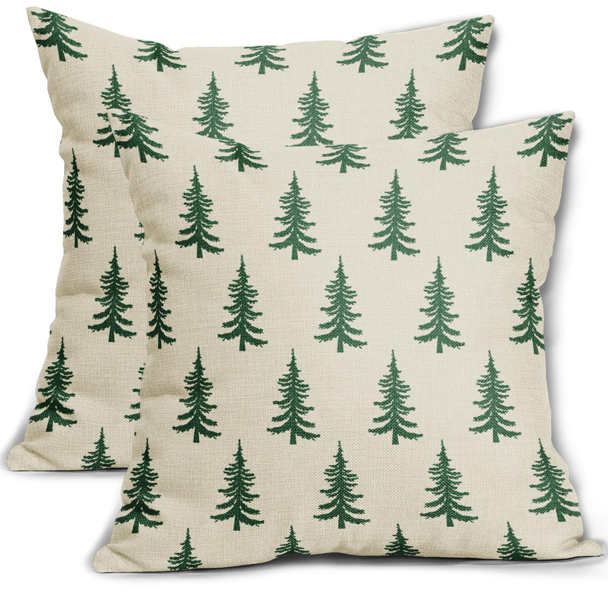 Christmas Tree Pillow Covers 18x18 Set of 2 Green Xmas Rustic Style Winter Print Decorative Outdoor Pillowcases