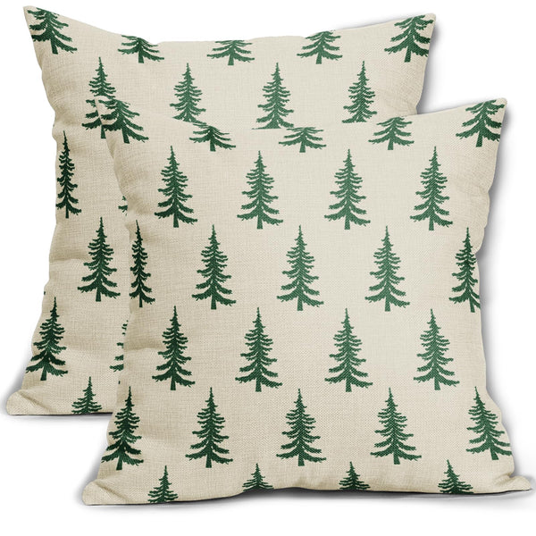 Christmas Tree Pillow Covers 18x18 Set of 2 Green Xmas Rustic Style Winter Print Decorative Outdoor Pillowcases