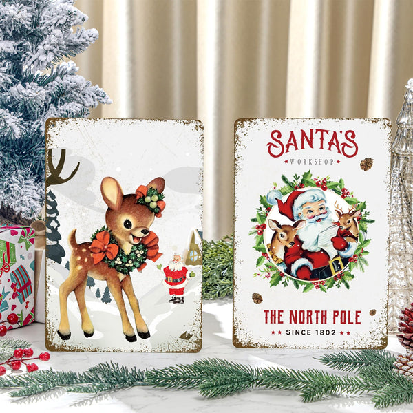 2 Pack Christmas Vintage Decor Santa's Workshop Reindeer Metal Signs Plaque Retro Christmas Wall Art