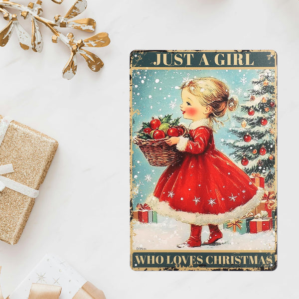 Christmas Vintage Plaque Metal Tin Sign, 8x12 Inch Just a Girl Who Loves Christmas Poster