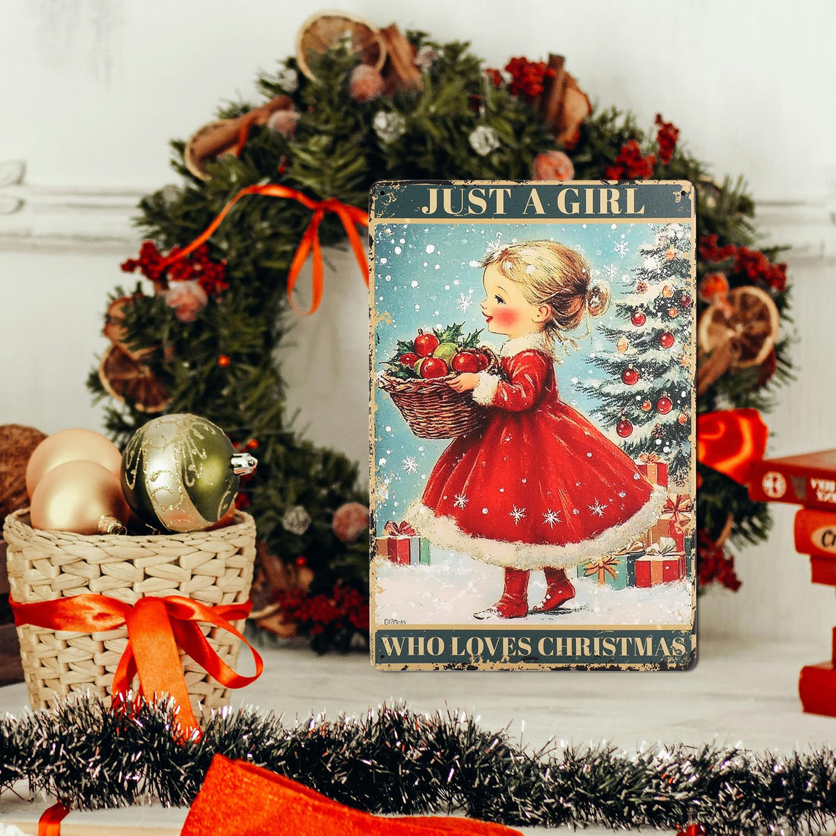 Christmas Vintage Plaque Metal Tin Sign, 8x12 Inch Just a Girl Who Loves Christmas Poster
