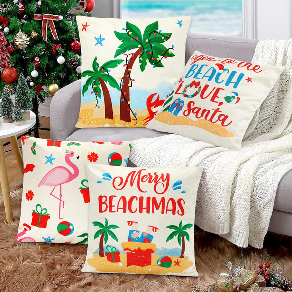 Beach Christmas Throw Pillow Covers 18x18, Set of 4 Coastal Merry Beachmas Santa Flamingo Palm Tree