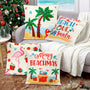 Beach Christmas Throw Pillow Covers 18x18, Set of 4 Coastal Merry Beachmas Santa Flamingo Palm Tree
