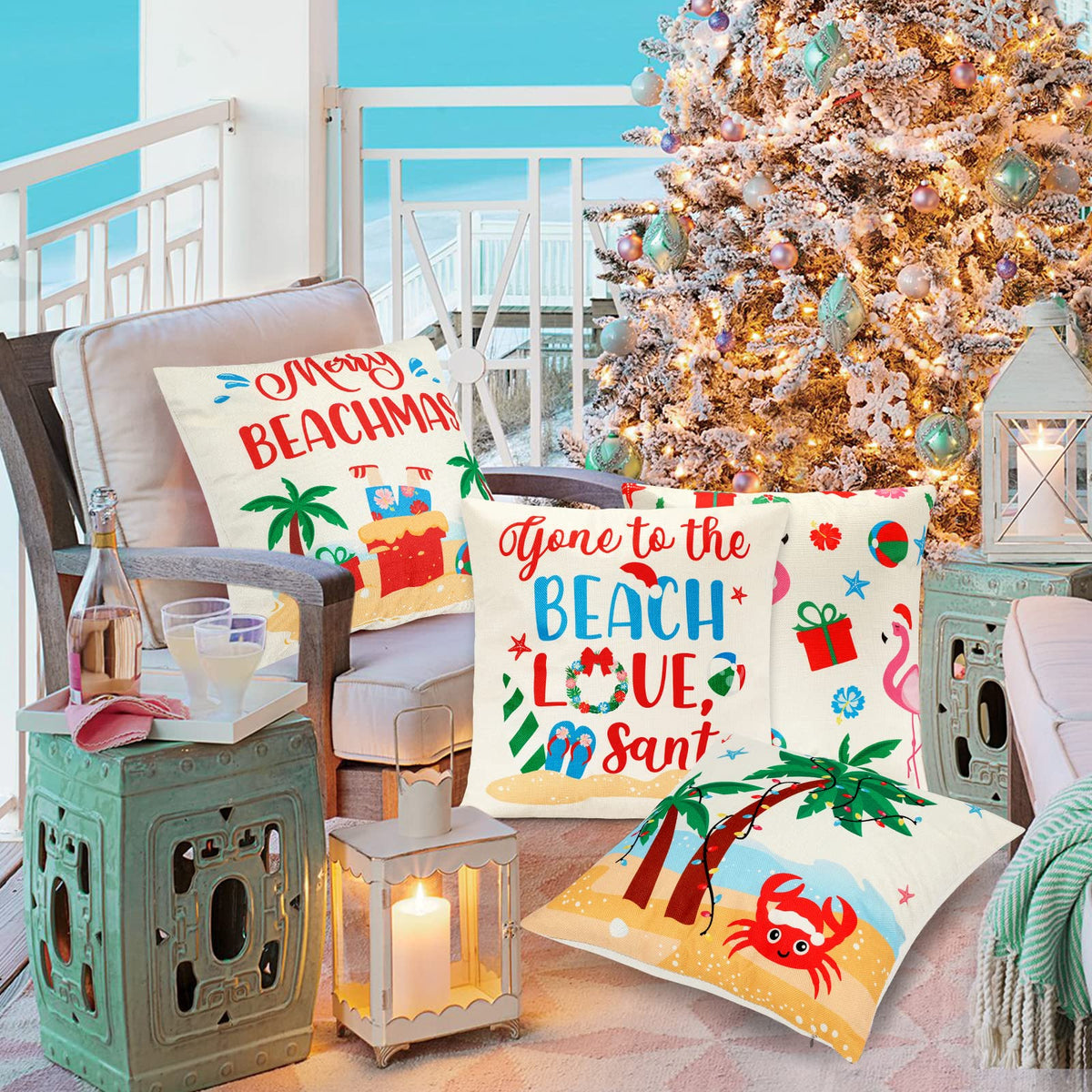 Beach Christmas Throw Pillow Covers 18x18, Set of 4 Coastal Merry Beachmas Santa Flamingo Palm Tree
