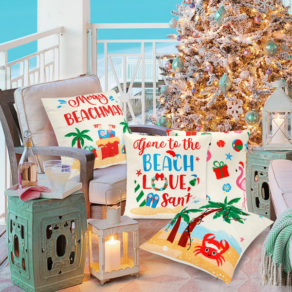 Beach Christmas Throw Pillow Covers 18x18, Set of 4 Coastal Merry Beachmas Santa Flamingo Palm Tree