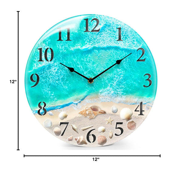 Coastal Nautical Glass Wall Clock with Seashell Design and Aesthetic Beach Theme