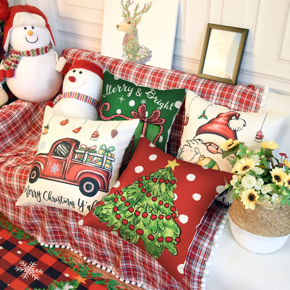 Christmas Throw Pillow Covers 18x18 Set of 4 Xmas Series Holiday Cushion Pillow Cover