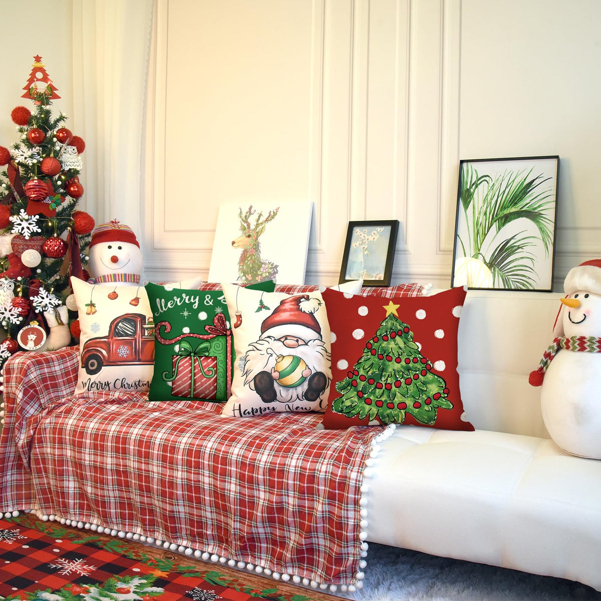 Christmas Throw Pillow Covers 18x18 Set of 4 Xmas Series Holiday Cushion Pillow Cover