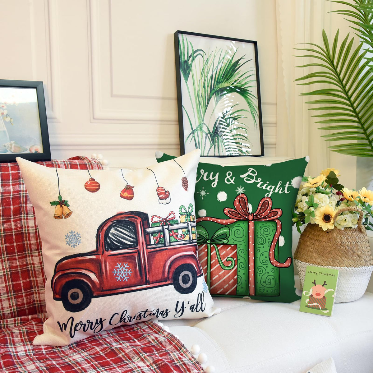 Christmas Throw Pillow Covers 18x18 Set of 4 Xmas Series Holiday Cushion Pillow Cover Christmas Decorations