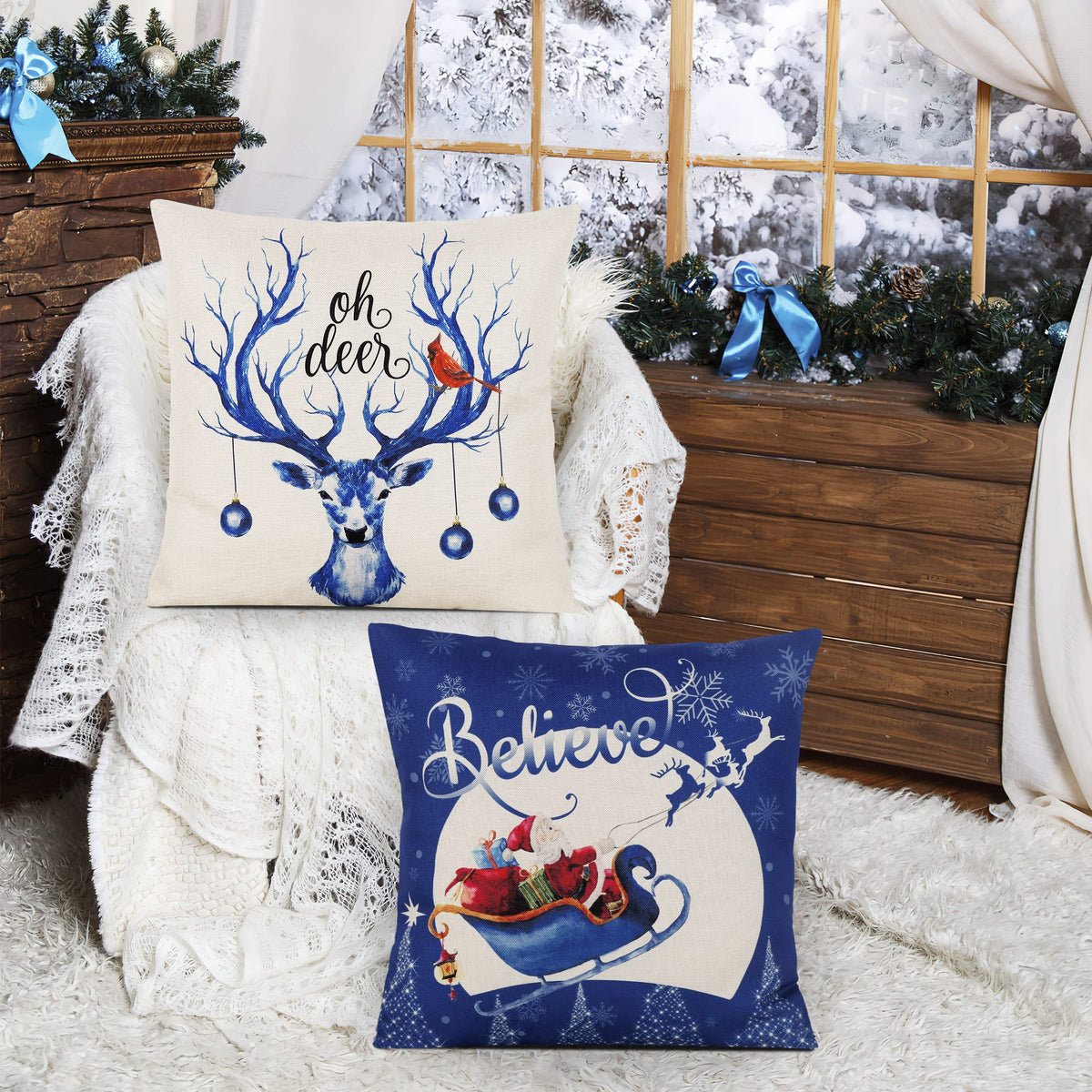 Set of 4 Merry Christmas Decorative Throw Pillow Covers Winter Holiday Xmas Velvet Pillow Cases Christmas Trees Socks