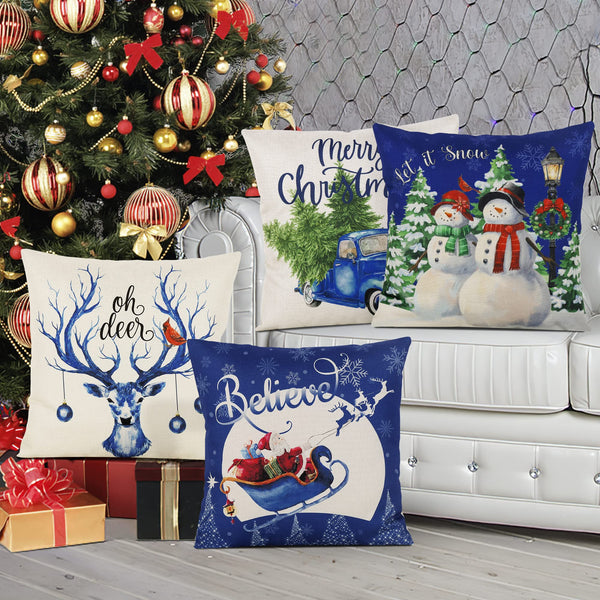 Blue Christmas Throw Pillow Covers 18x18 Set of 4 Xmas Series Holiday Cushion Pillow Cover Christmas Decorations