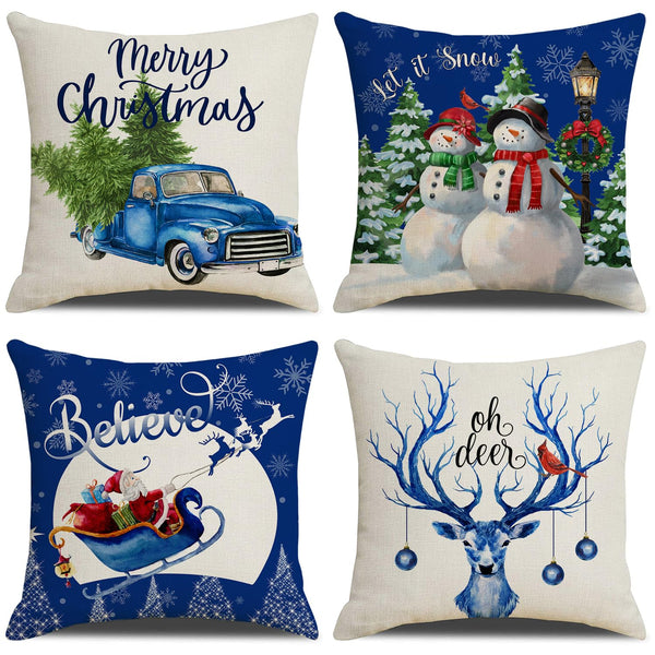 Set of 4 Merry Christmas Decorative Throw Pillow Covers Winter Holiday Xmas Velvet Pillow Cases Christmas Trees Socks