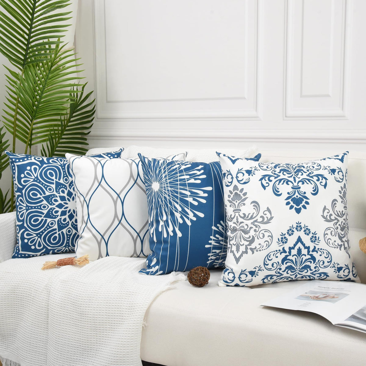 Decorative Throw Pillow Covers 18x18 Set of 4, Blue Modern Simple Square Pillow Case Cushion Cover