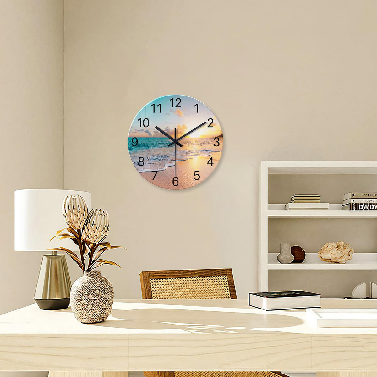 Beach Wall Clock Battery Operated 12 Inch Glass Wall Clock Non Ticking Analog Blue Wall Clocks