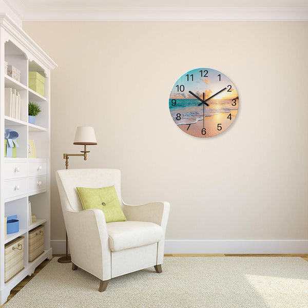 Beach Wall Clock Battery Operated 12 Inch Glass Wall Clock Non Ticking Analog Blue Wall Clocks