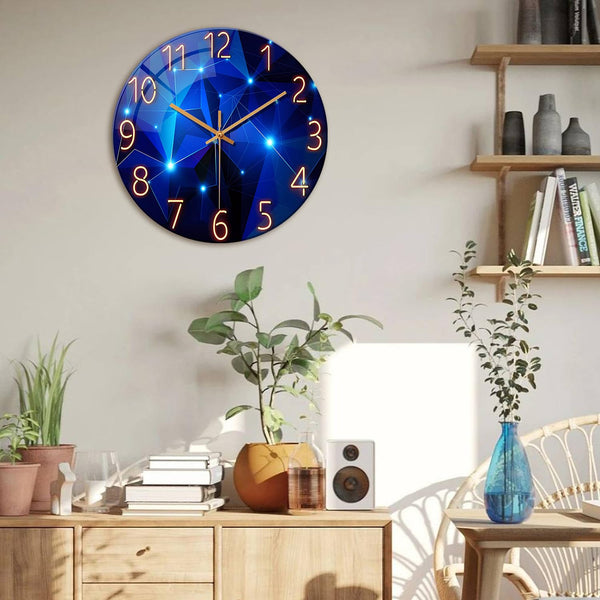 Blue Wall Clock for Living Room Decor Kitchen Wall Clocks Battery Operated 12 Inch Round Glass