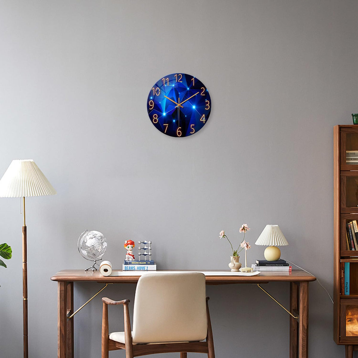 Blue Wall Clock for Living Room Decor Kitchen Wall Clocks Battery Operated 12 Inch Round Glass