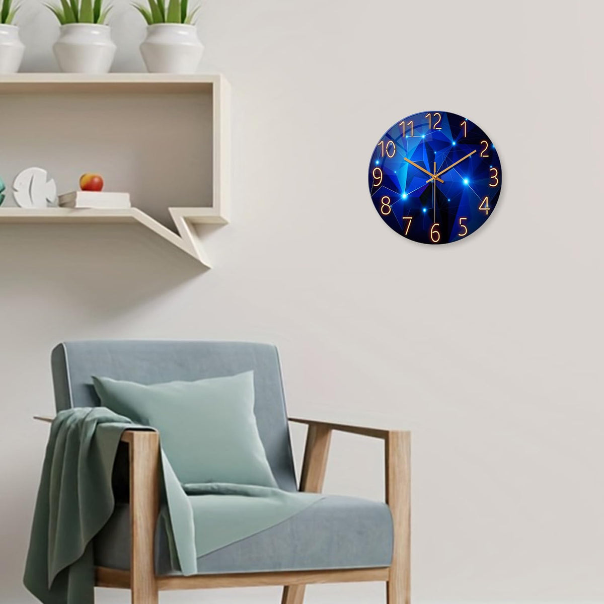 Blue Wall Clock for Living Room Decor Kitchen Wall Clocks Battery Operated 12 Inch Round Glass