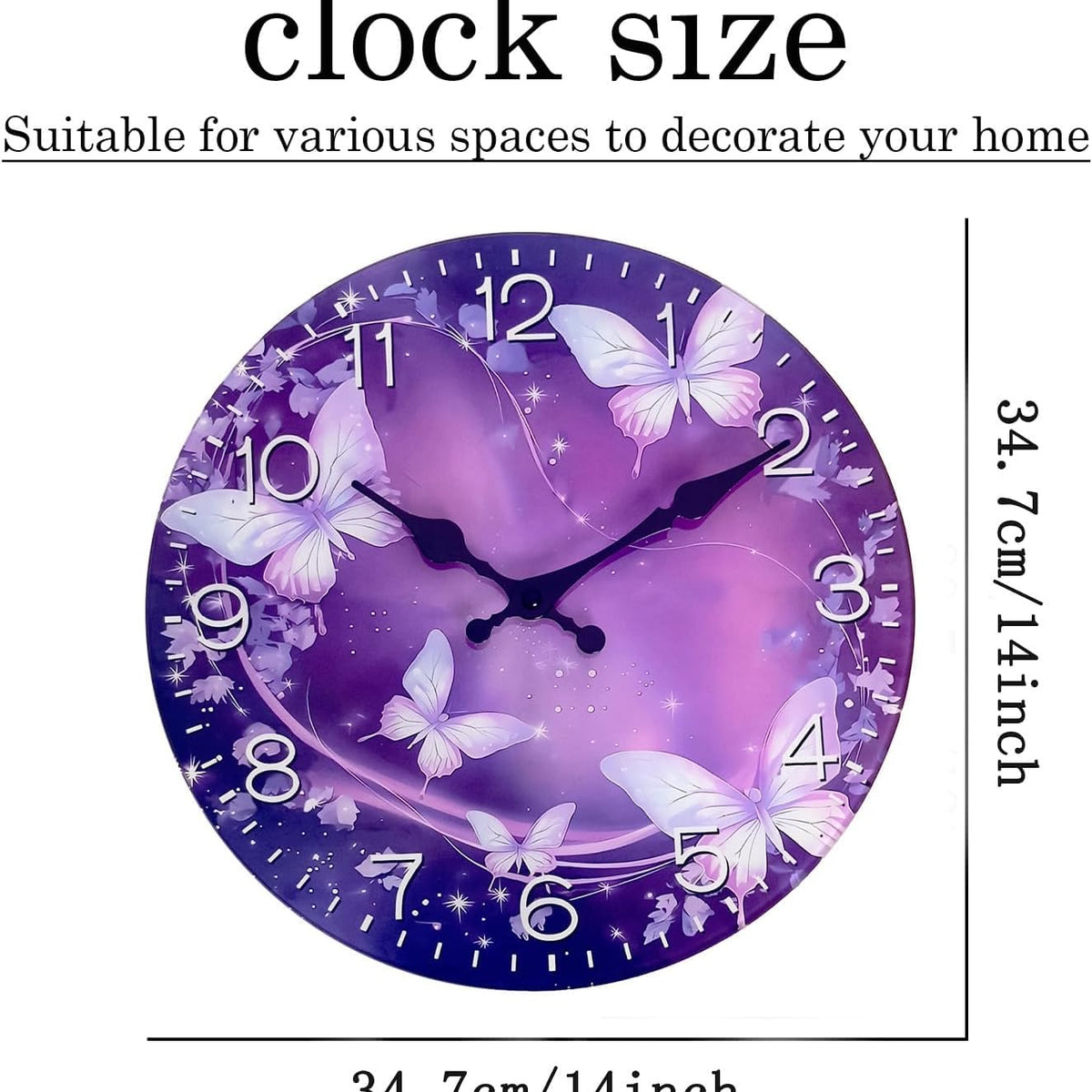 Butterfly Wall Clocks Battery Operated Purple Wall Clock for Womens Bedroom 12 Inch