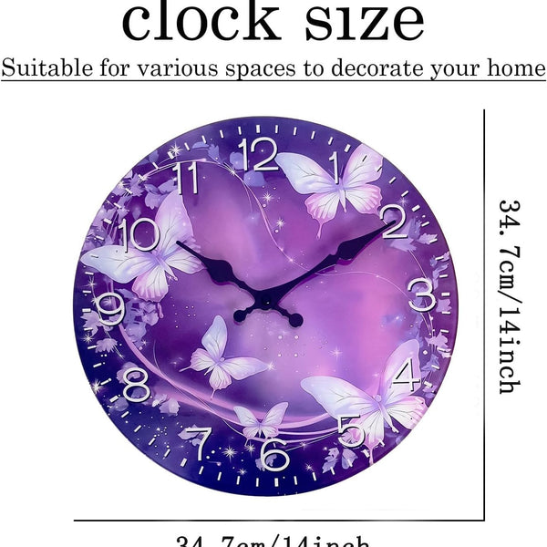 Butterfly Wall Clocks Battery Operated Purple Wall Clock for Womens Bedroom 12 Inch